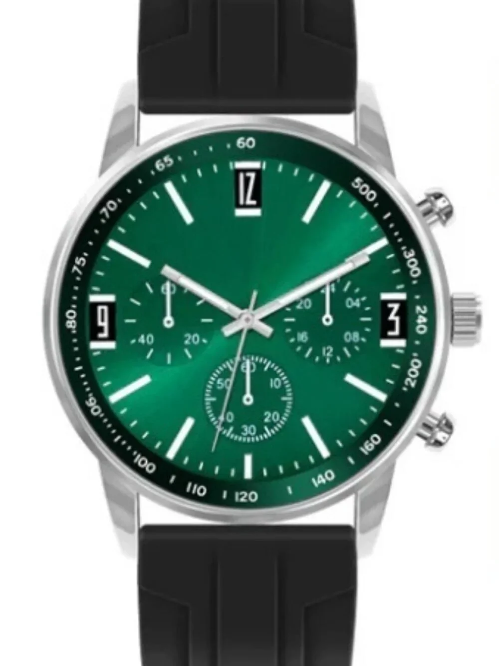 MC Montres Carlo Men's Silver Green Tone Black Band 46mm Quartz Watch NEW